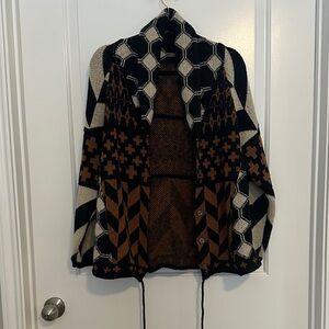 Geometric Patterned Knit Cardigan in Black, Brown & Cream
